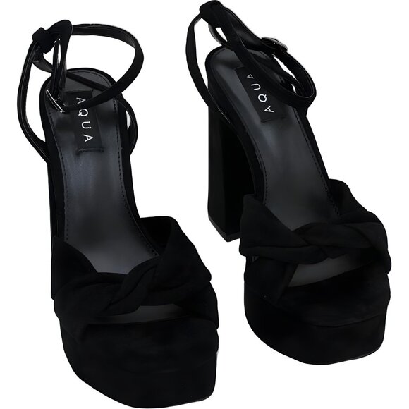 AQUA Pasha Block Heel Platform Sandals Black Suede Women US 7.5M - Picture 1 of 6